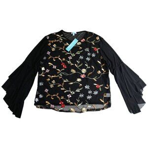Envision Studio Women's Black Mesh Flower Embroidered Bell Sleeve Top XL X-Large